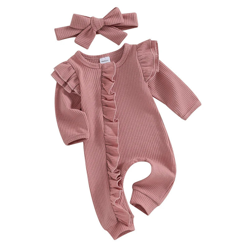 Newborn Infant Girls Solid Color Jumpsuits Baby Long Sleeve Ruffle Zipper Romper with Headband Sets Baby Clothes Spring Fall