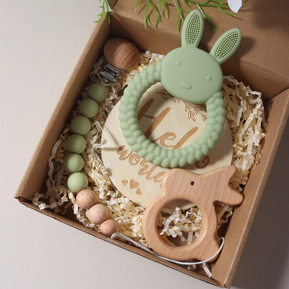 New born baby gift set silicone bunny teether wooden bunny rattle