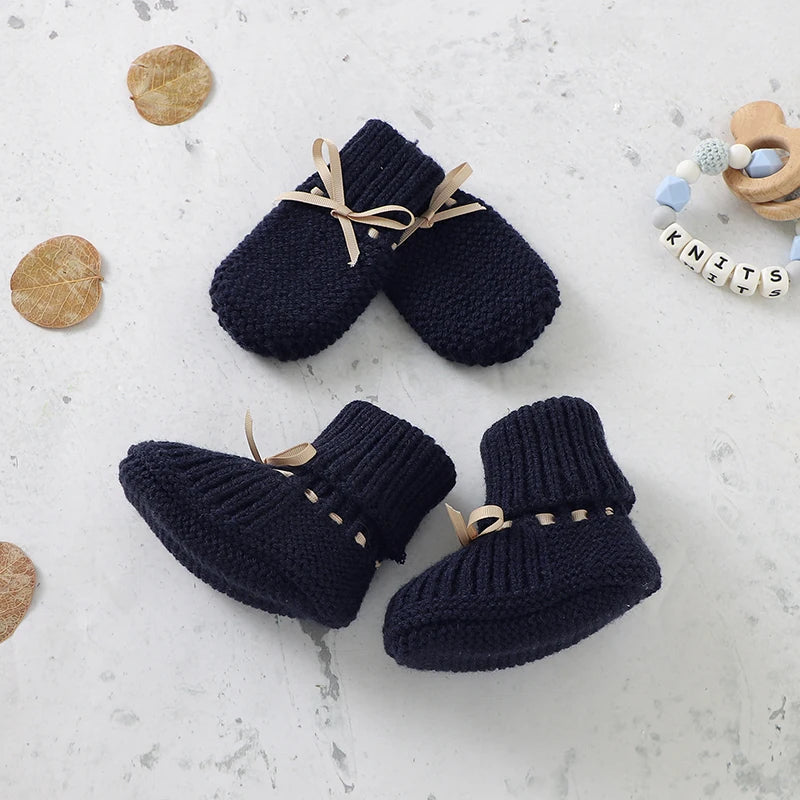 Baby Shoes + Gloves Set Knit Newborn Girls Boys Boots Mitten Fashion Butterfly-knot Toddler Infant Slip-On Bed Shoes Hand Made