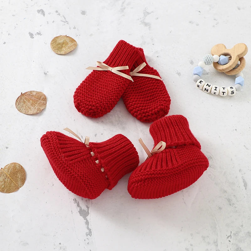 Baby Shoes + Gloves Set Knit Newborn Girls Boys Boots Mitten Fashion Butterfly-knot Toddler Infant Slip-On Bed Shoes Hand Made