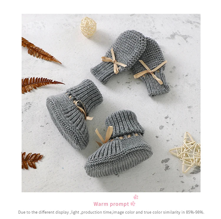 Baby Shoes + Gloves Set Knit Newborn Girls Boys Boots Mitten Fashion Butterfly-knot Toddler Infant Slip-On Bed Shoes Hand Made