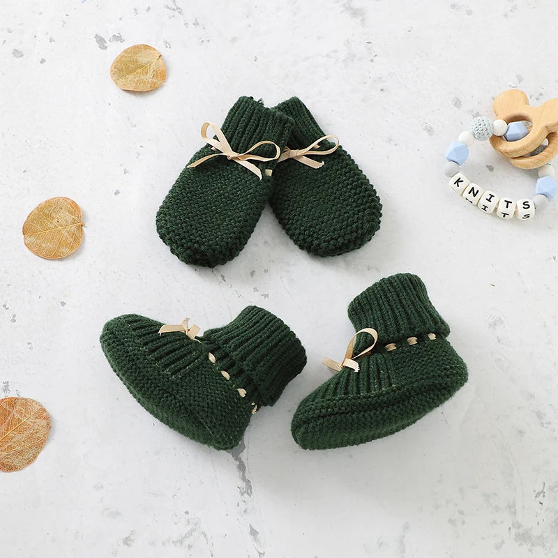 Baby Shoes + Gloves Set Knit Newborn Girls Boys Boots Mitten Fashion Butterfly-knot Toddler Infant Slip-On Bed Shoes Hand Made