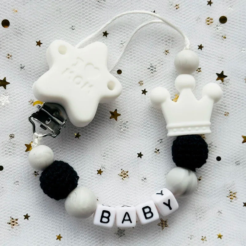 NEW Custom Personalized Name Pacifier Clip Handmade Beech Wooden Chain Silicone Crown Holder Soother Baby Teething Toy Chew Gift