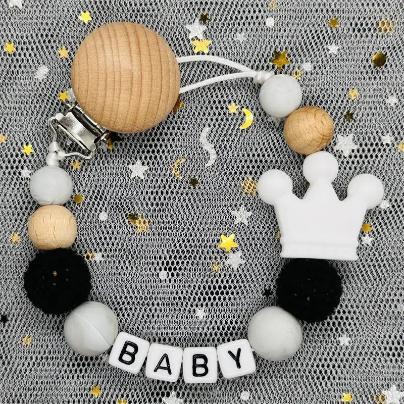 NEW Custom Personalized Name Pacifier Clip Handmade Beech Wooden Chain Silicone Crown Holder Soother Baby Teething Toy Chew Gift