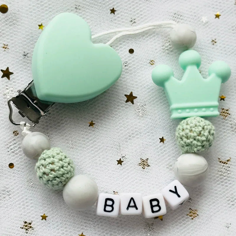 NEW Custom Personalized Name Pacifier Clip Handmade Beech Wooden Chain Silicone Crown Holder Soother Baby Teething Toy Chew Gift