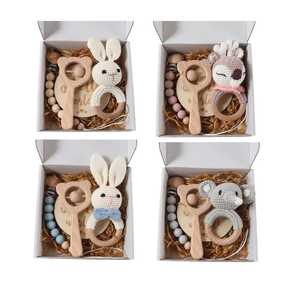 4pcs Newborn Gift Set - Baby crochet rattle Pacifier Clip, Teether, - bunny teether elephant toy