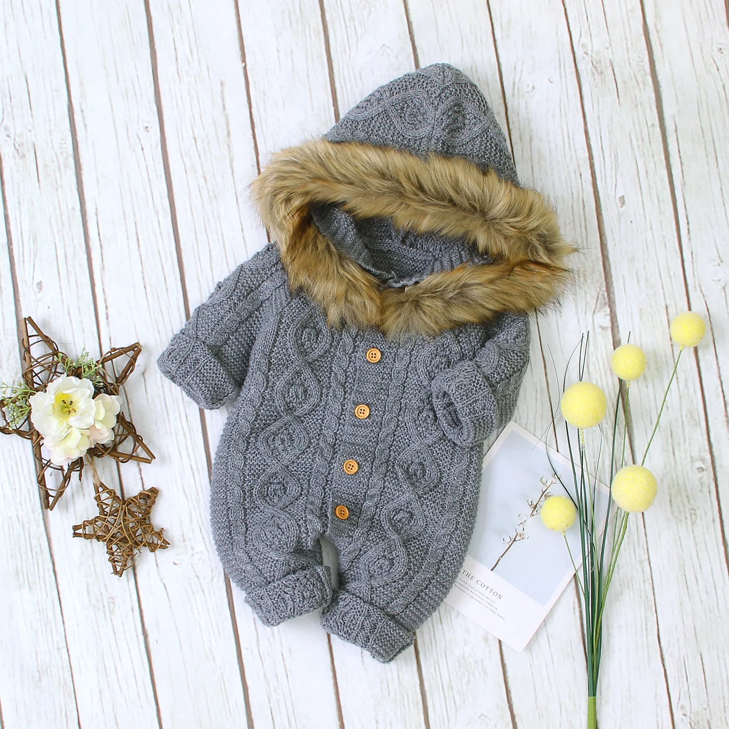 Baby Christmas Knitted Romper | Fur-Collar Winter Outfit