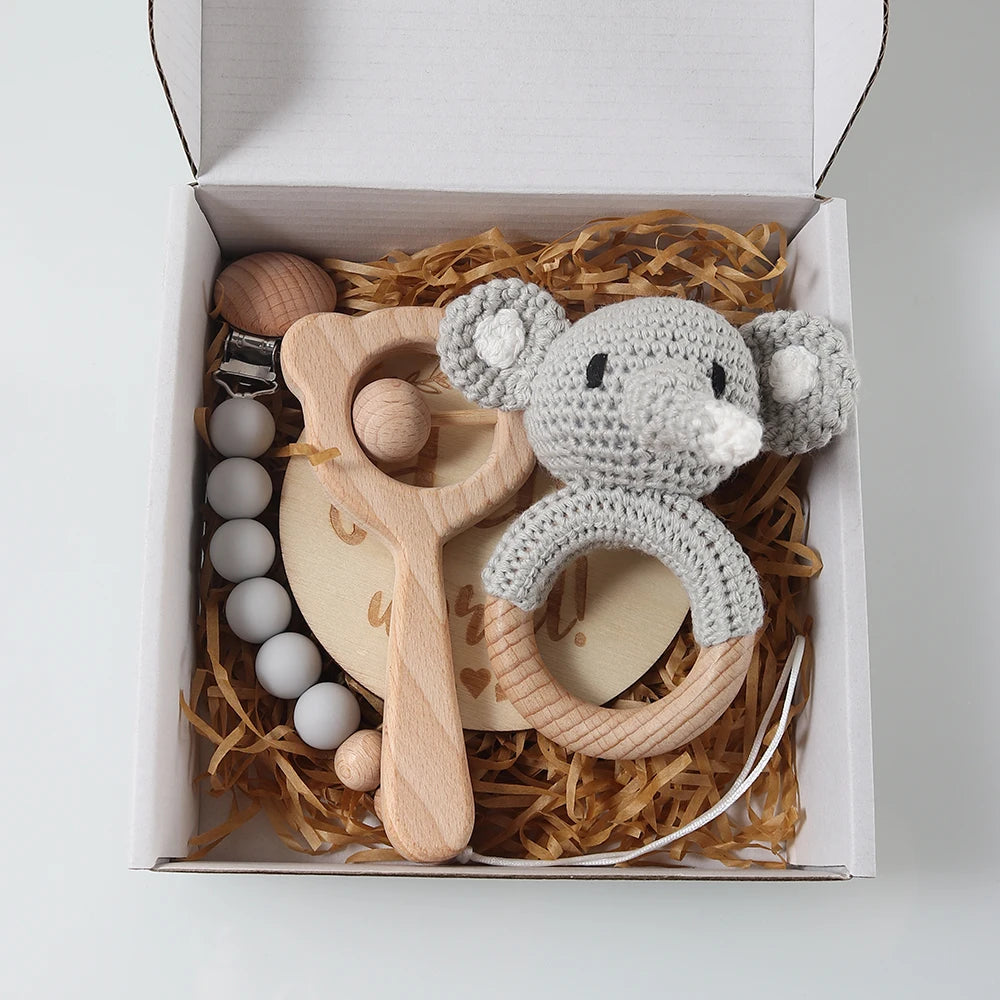4pcs Newborn Gift Set - Baby crochet rattle Pacifier Clip, Teether, - bunny teether elephant toy