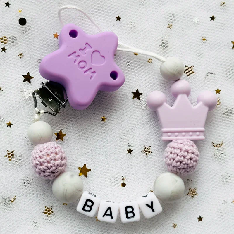 NEW Custom Personalized Name Pacifier Clip Handmade Beech Wooden Chain Silicone Crown Holder Soother Baby Teething Toy Chew Gift