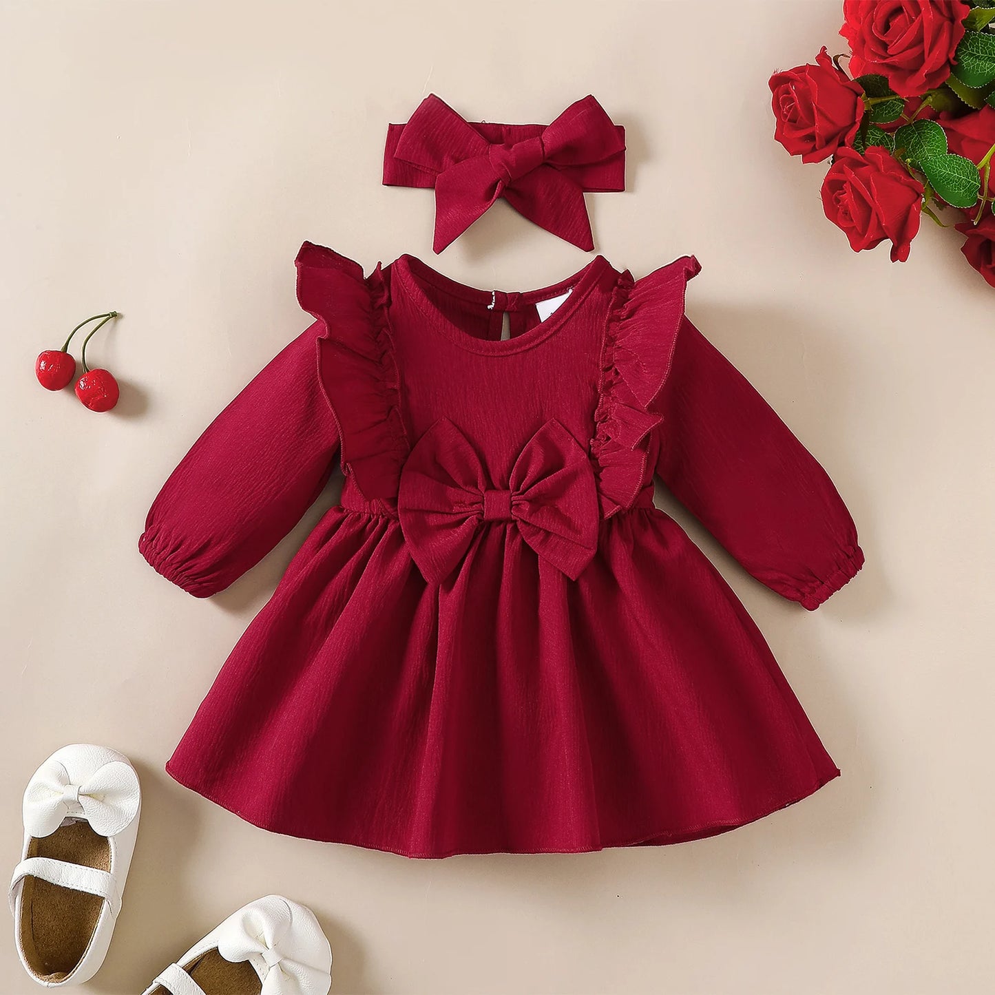 Baby Girl Dress with Bow | Valentine's Day, Mother's Day, or Any Special Occasion Outfit Cute Red Cotton Blend Comfortable Elegant for Photos Gatherings Parties