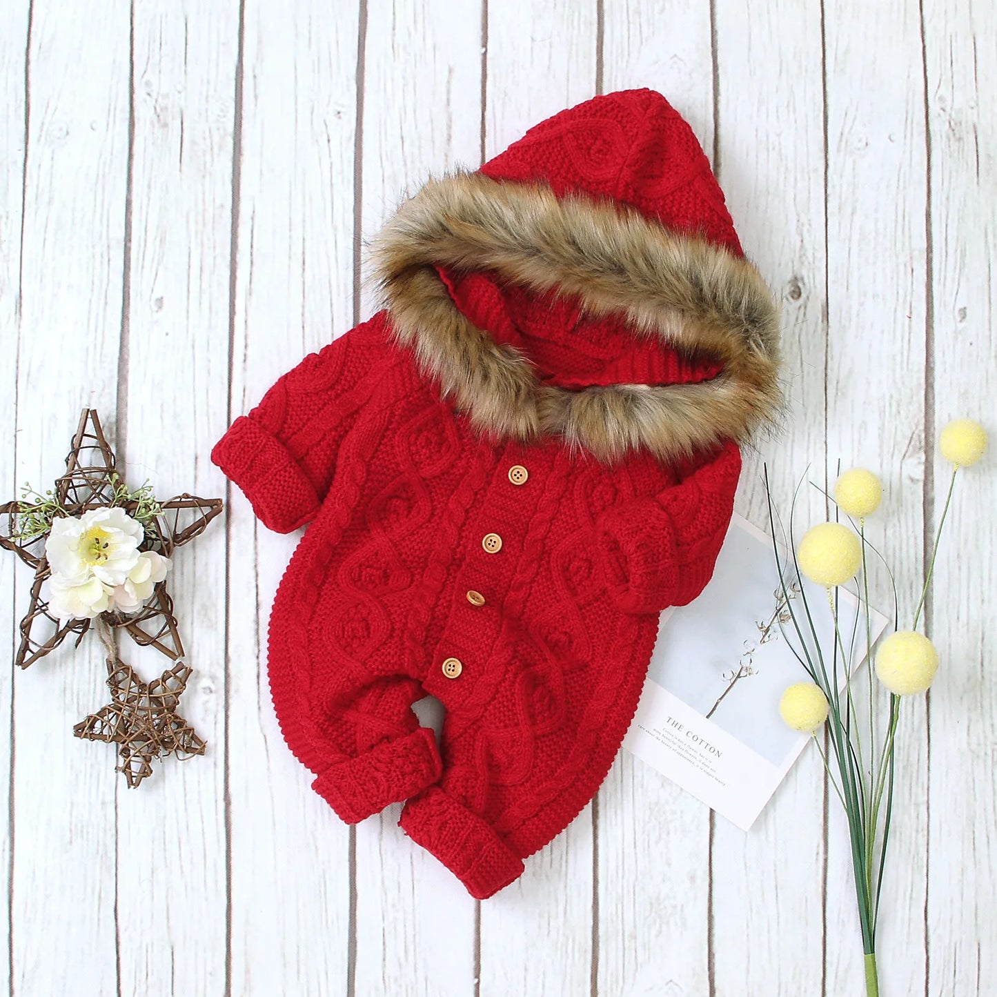 Baby Christmas Knitted Romper | Fur-Collar Winter Outfit