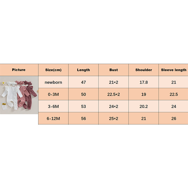 Newborn Infant Girls Solid Color Jumpsuits Baby Long Sleeve Ruffle Zipper Romper with Headband Sets Baby Clothes Spring Fall