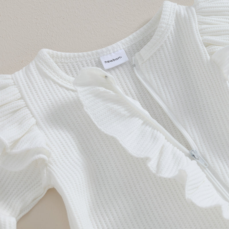 Newborn Infant Girls Solid Color Jumpsuits Baby Long Sleeve Ruffle Zipper Romper with Headband Sets Baby Clothes Spring Fall