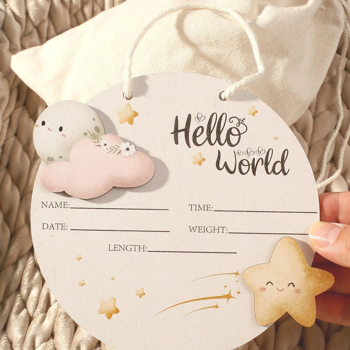 “Hello World” Birth Announcement Plaque — Wooden Baby Name Sign | Newborn Photo Prop | Keepsake Nursery Decor
