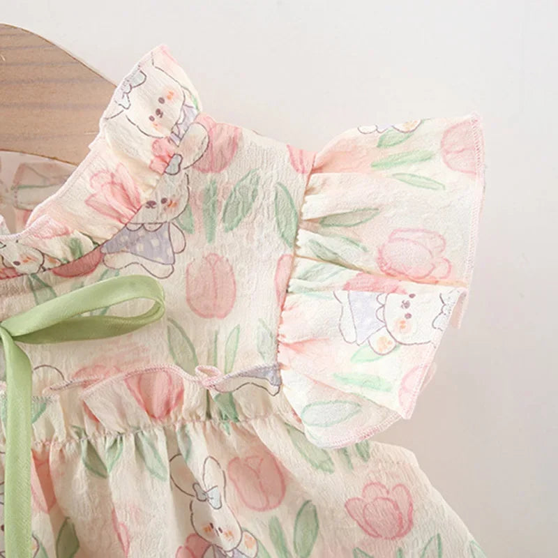 Spring Summer Girl Dress with Tulips and Cartoon Rabbit | Ruffle Sleeves with Bow and Pompoms | Baby Easter Dress