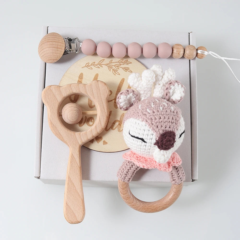 4pcs Newborn Gift Set - Baby crochet rattle Pacifier Clip, Teether, - bunny teether elephant toy