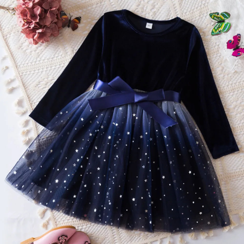Autumn Winter Long Sleeved Girls Dresses Star Gradient Mesh Princess Dress Christmas Red Toddler Outfit