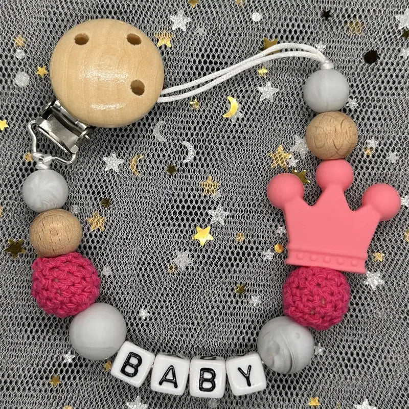 NEW Custom Personalized Name Pacifier Clip Handmade Beech Wooden Chain Silicone Crown Holder Soother Baby Teething Toy Chew Gift