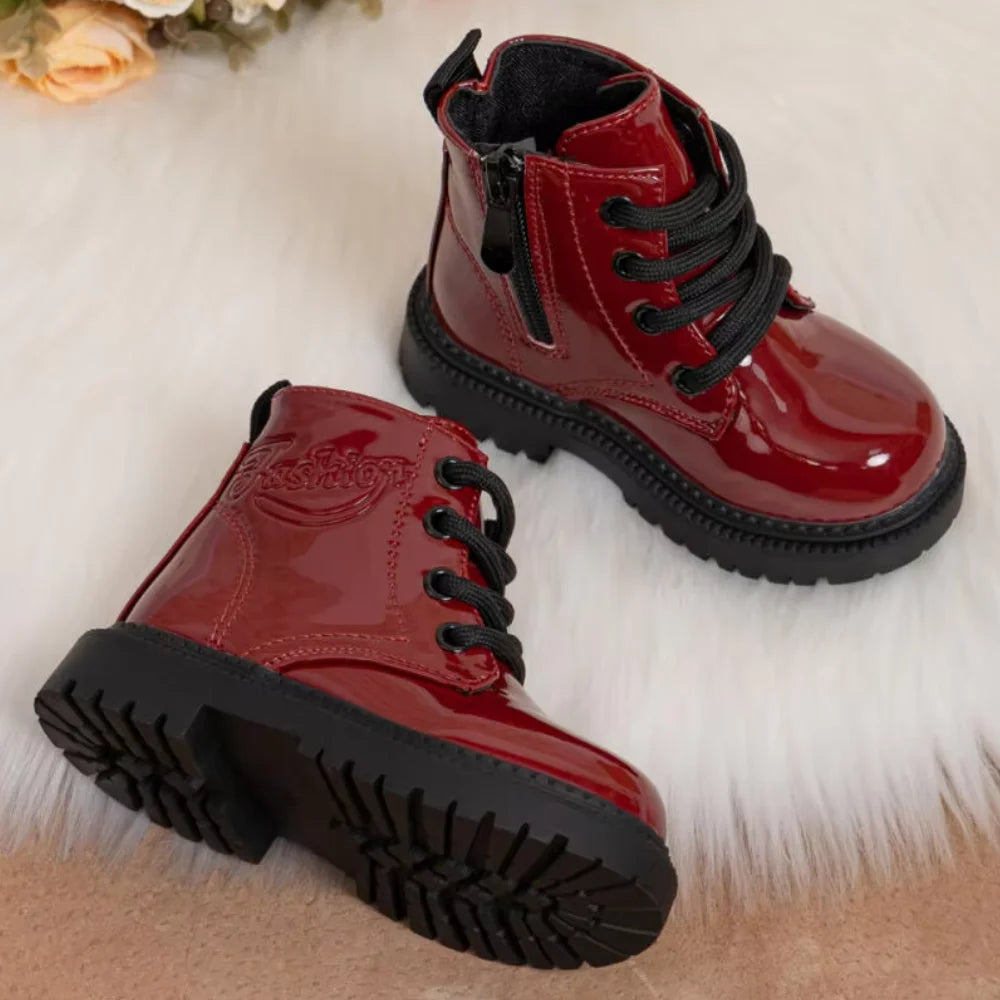 Autumn and Winter Children's Shoes Waterproof PU Leather Children's Boots Fashion Toddler Lace-up Zip High Boots Boys Girls