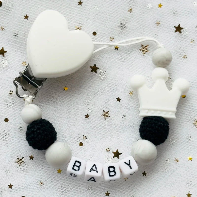 NEW Custom Personalized Name Pacifier Clip Handmade Beech Wooden Chain Silicone Crown Holder Soother Baby Teething Toy Chew Gift