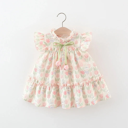 Spring Summer Girl Dress with Tulips and Cartoon Rabbit | Ruffle Sleeves with Bow and Pompoms | Baby Easter Dress