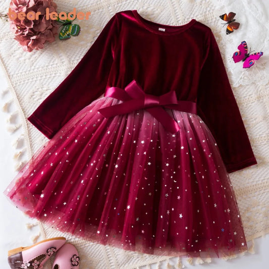 Autumn Winter Long Sleeved Girls Dresses Star Gradient Mesh Princess Dress Christmas Red Toddler Outfit