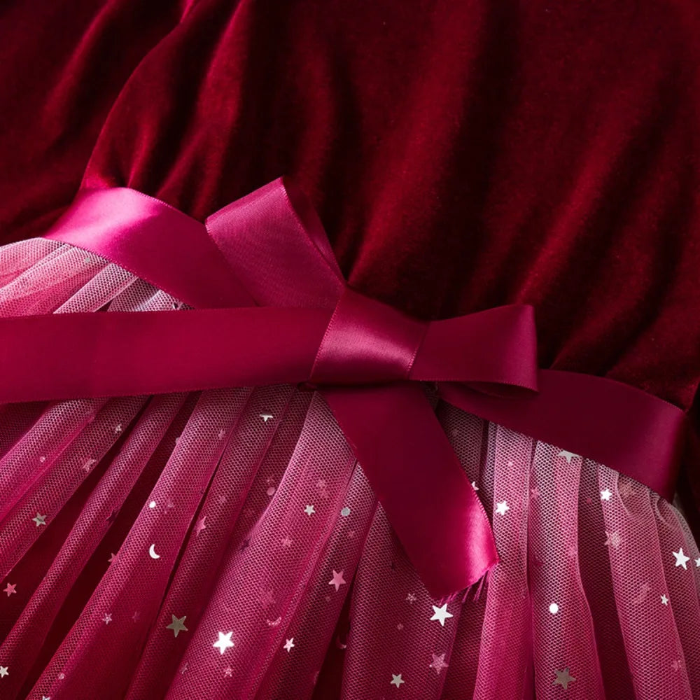 Autumn Winter Long Sleeved Girls Dresses Star Gradient Mesh Princess Dress Christmas Red Toddler Outfit