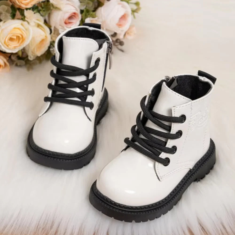 Autumn and Winter Children's Shoes Waterproof PU Leather Children's Boots Fashion Toddler Lace-up Zip High Boots Boys Girls