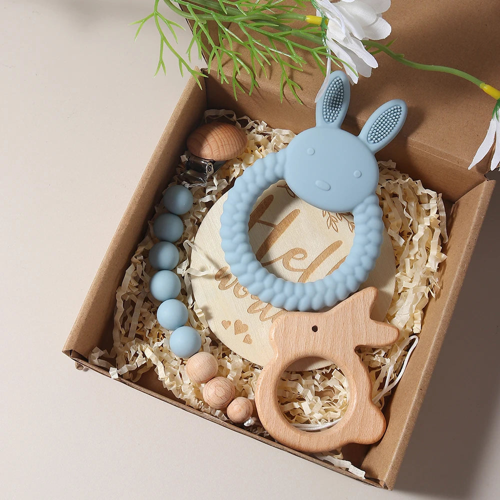 New born baby gift set silicone bunny teether wooden bunny rattle