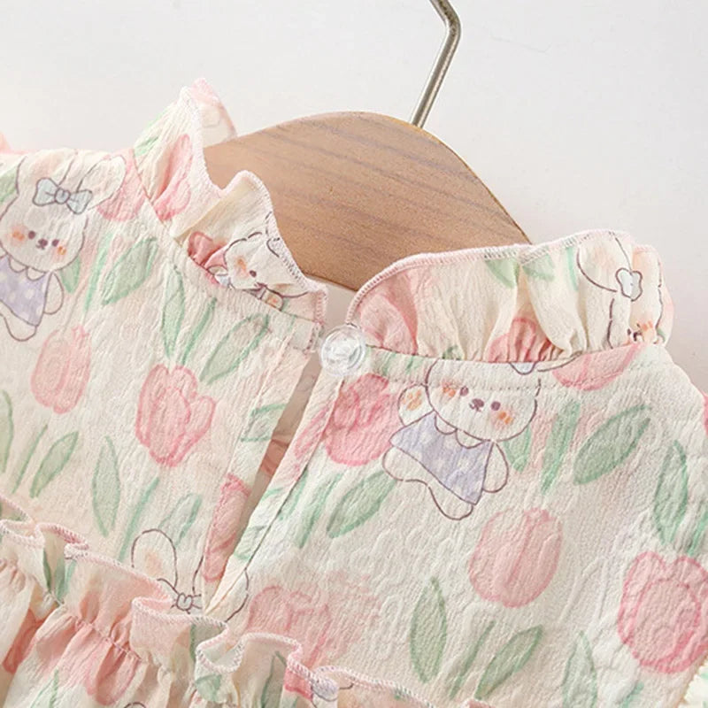 Spring Summer Girl Dress with Tulips and Cartoon Rabbit | Ruffle Sleeves with Bow and Pompoms | Baby Easter Dress