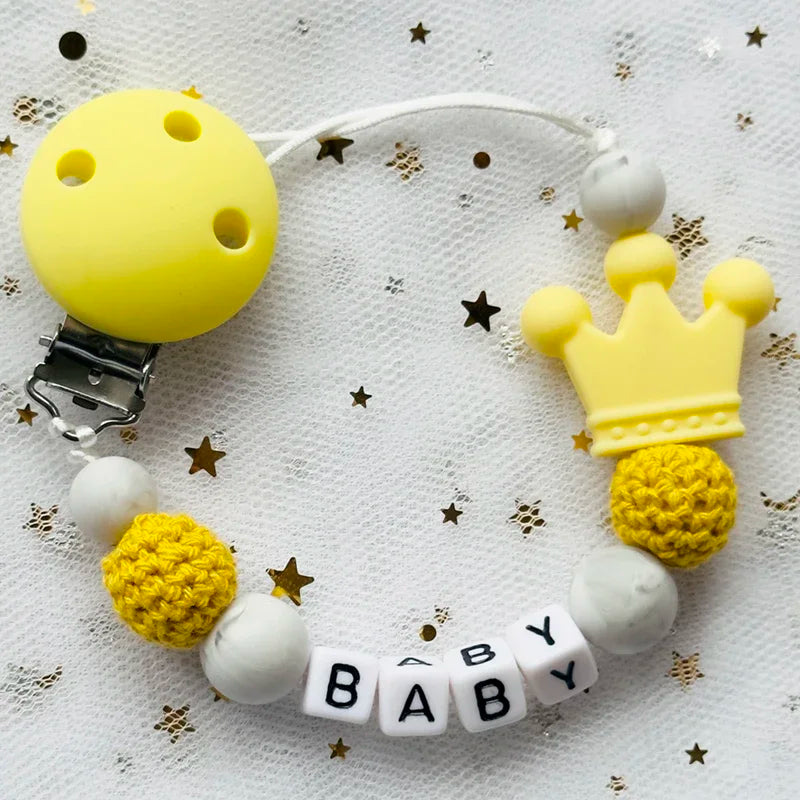NEW Custom Personalized Name Pacifier Clip Handmade Beech Wooden Chain Silicone Crown Holder Soother Baby Teething Toy Chew Gift
