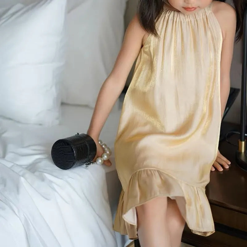 Baby Girl Princess Silk Strap Dress Infant Toddler Child Sleeveless Vestido Shining Party Birthday Wedding Baby Clothes 1-10Y