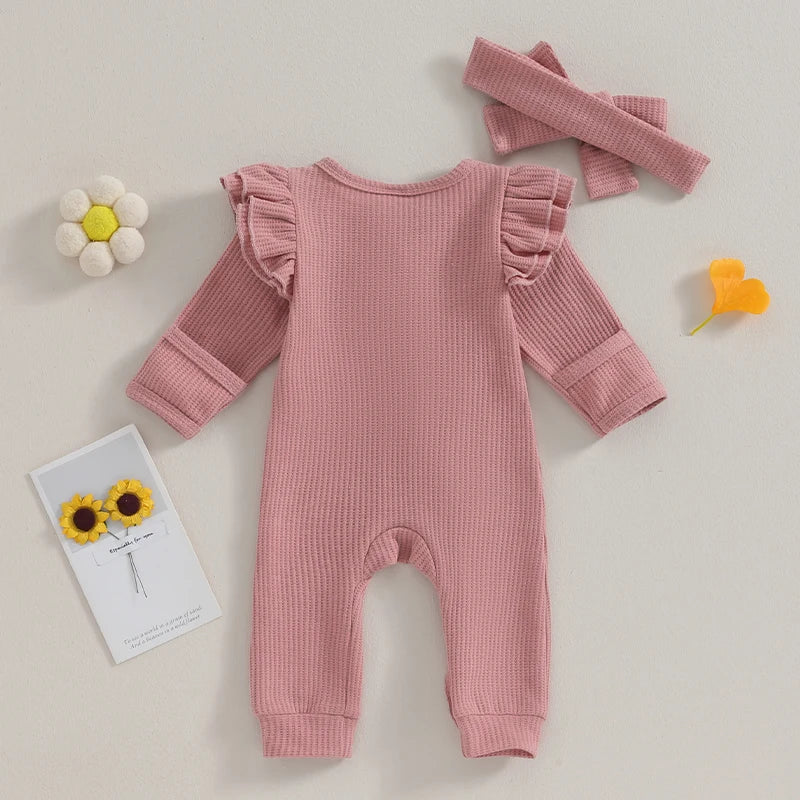 Newborn Infant Girls Solid Color Jumpsuits Baby Long Sleeve Ruffle Zipper Romper with Headband Sets Baby Clothes Spring Fall