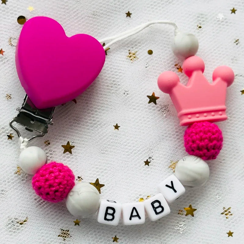 NEW Custom Personalized Name Pacifier Clip Handmade Beech Wooden Chain Silicone Crown Holder Soother Baby Teething Toy Chew Gift
