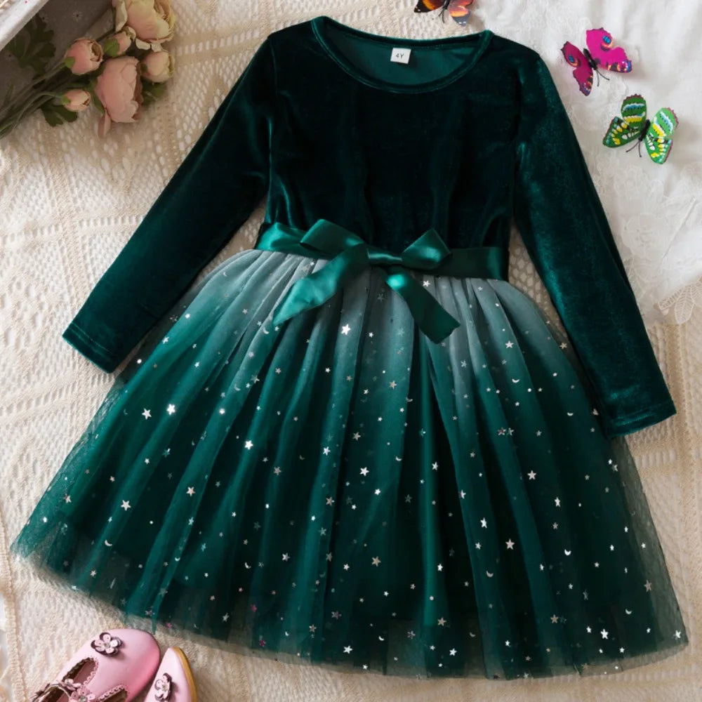 Autumn Winter Long Sleeved Girls Dresses Star Gradient Mesh Princess Dress Christmas Red Toddler Outfit