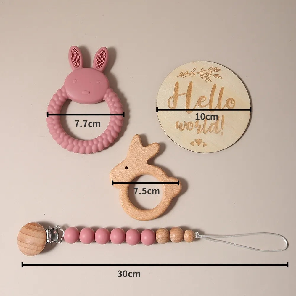 New born baby gift set silicone bunny teether wooden bunny rattle