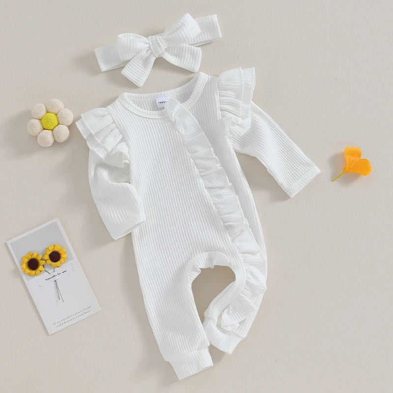 Newborn Infant Girls Solid Color Jumpsuits Baby Long Sleeve Ruffle Zipper Romper with Headband Sets Baby Clothes Spring Fall