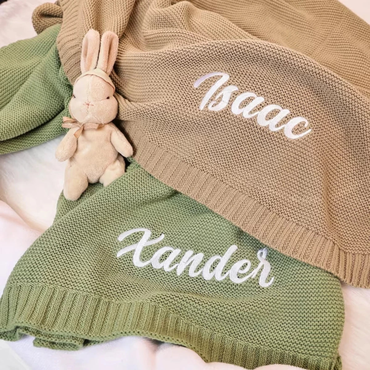 Personalised Knitted Baby Blanket – Custom Name Embroidery | Soft Cotton Newborn Handmade Keepsake Gift