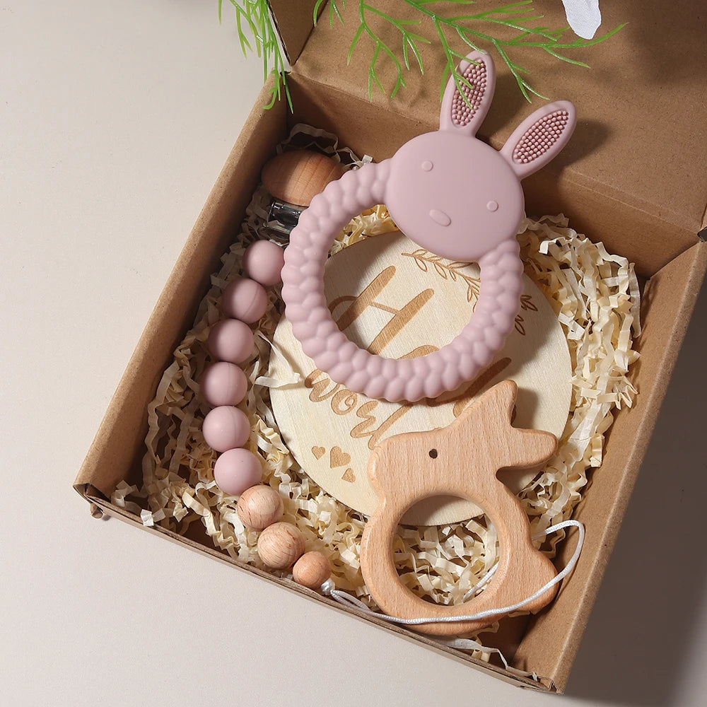 New born baby gift set silicone bunny teether wooden bunny rattle
