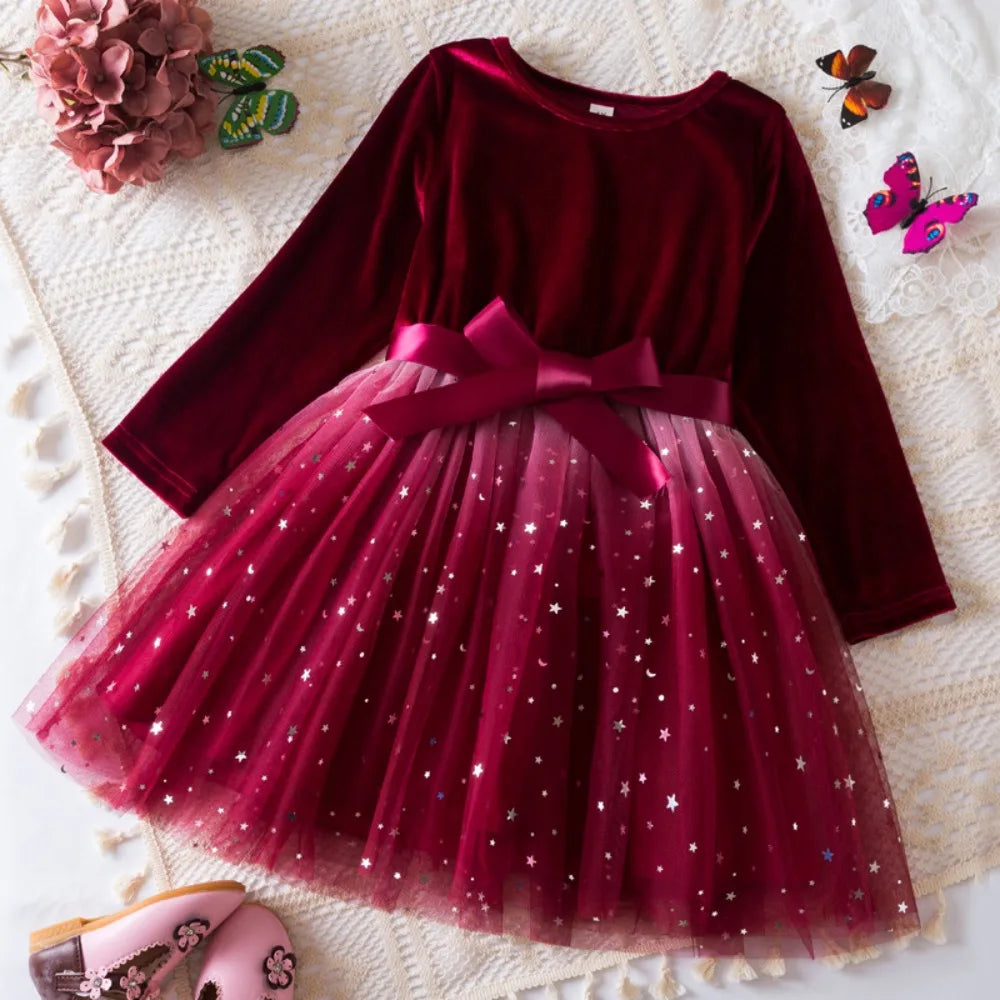 Autumn Winter Long Sleeved Girls Dresses Star Gradient Mesh Princess Dress Christmas Red Toddler Outfit