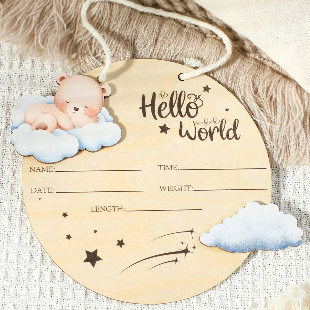“Hello World” Birth Announcement Plaque — Wooden Baby Name Sign | Newborn Photo Prop | Keepsake Nursery Decor