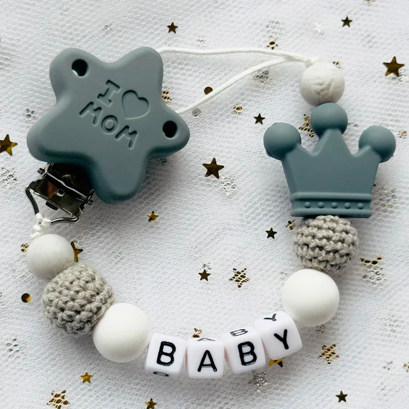 NEW Custom Personalized Name Pacifier Clip Handmade Beech Wooden Chain Silicone Crown Holder Soother Baby Teething Toy Chew Gift
