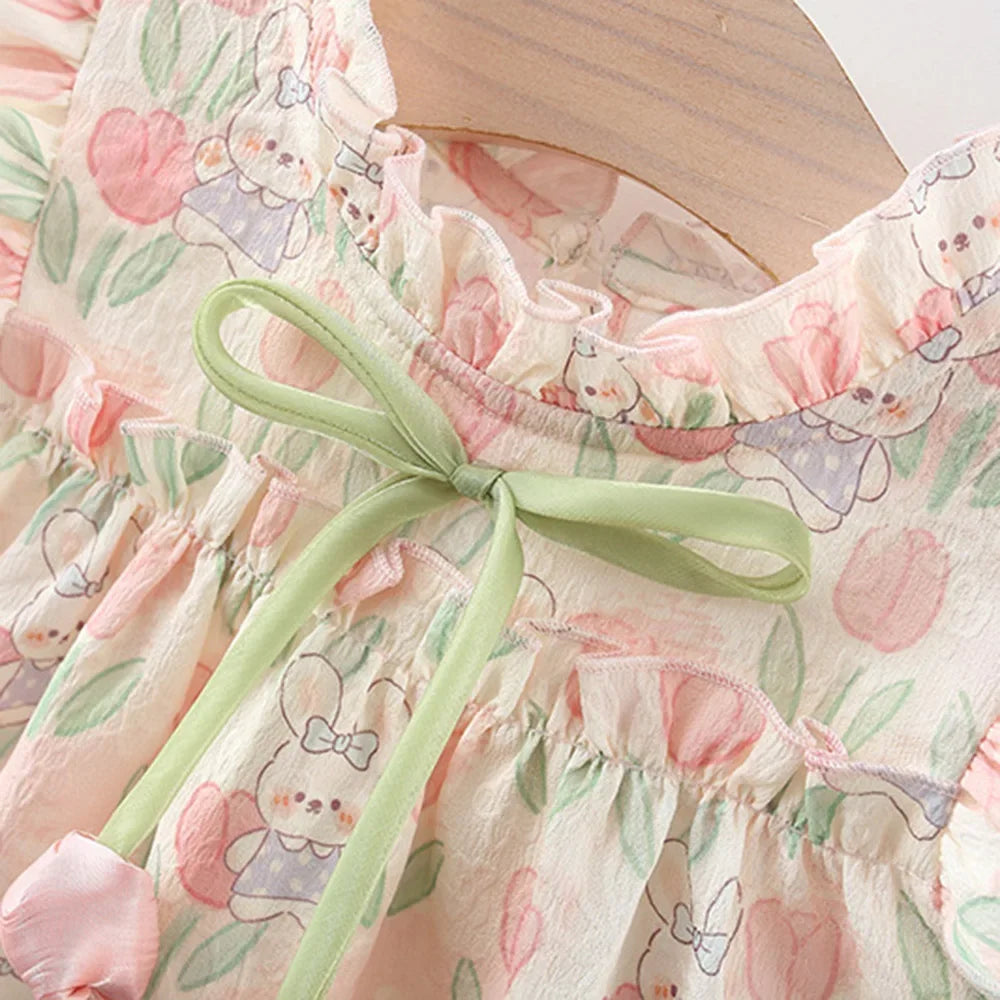 Spring Summer Girl Dress with Tulips and Cartoon Rabbit | Ruffle Sleeves with Bow and Pompoms | Baby Easter Dress