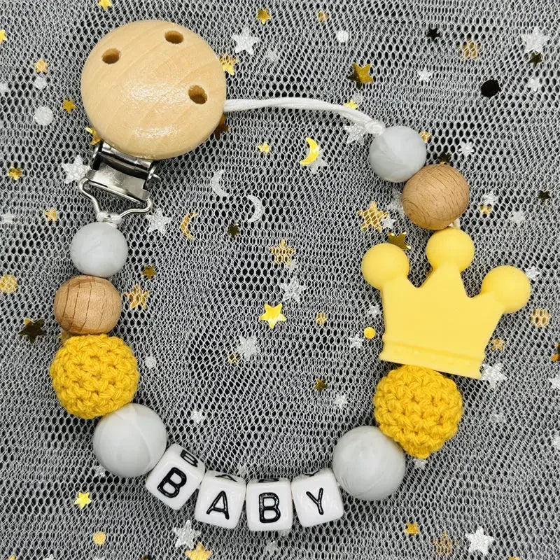 NEW Custom Personalized Name Pacifier Clip Handmade Beech Wooden Chain Silicone Crown Holder Soother Baby Teething Toy Chew Gift