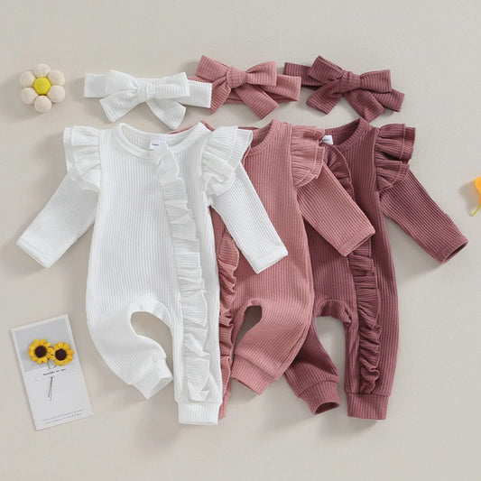 Newborn Infant Girls Solid Color Jumpsuits Baby Long Sleeve Ruffle Zipper Romper with Headband Sets Baby Clothes Spring Fall