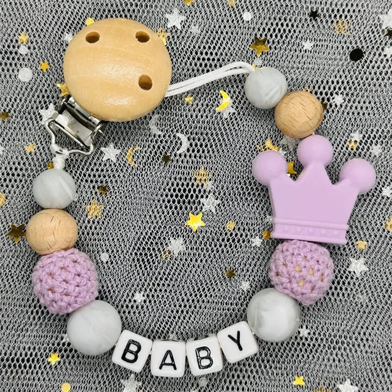 NEW Custom Personalized Name Pacifier Clip Handmade Beech Wooden Chain Silicone Crown Holder Soother Baby Teething Toy Chew Gift