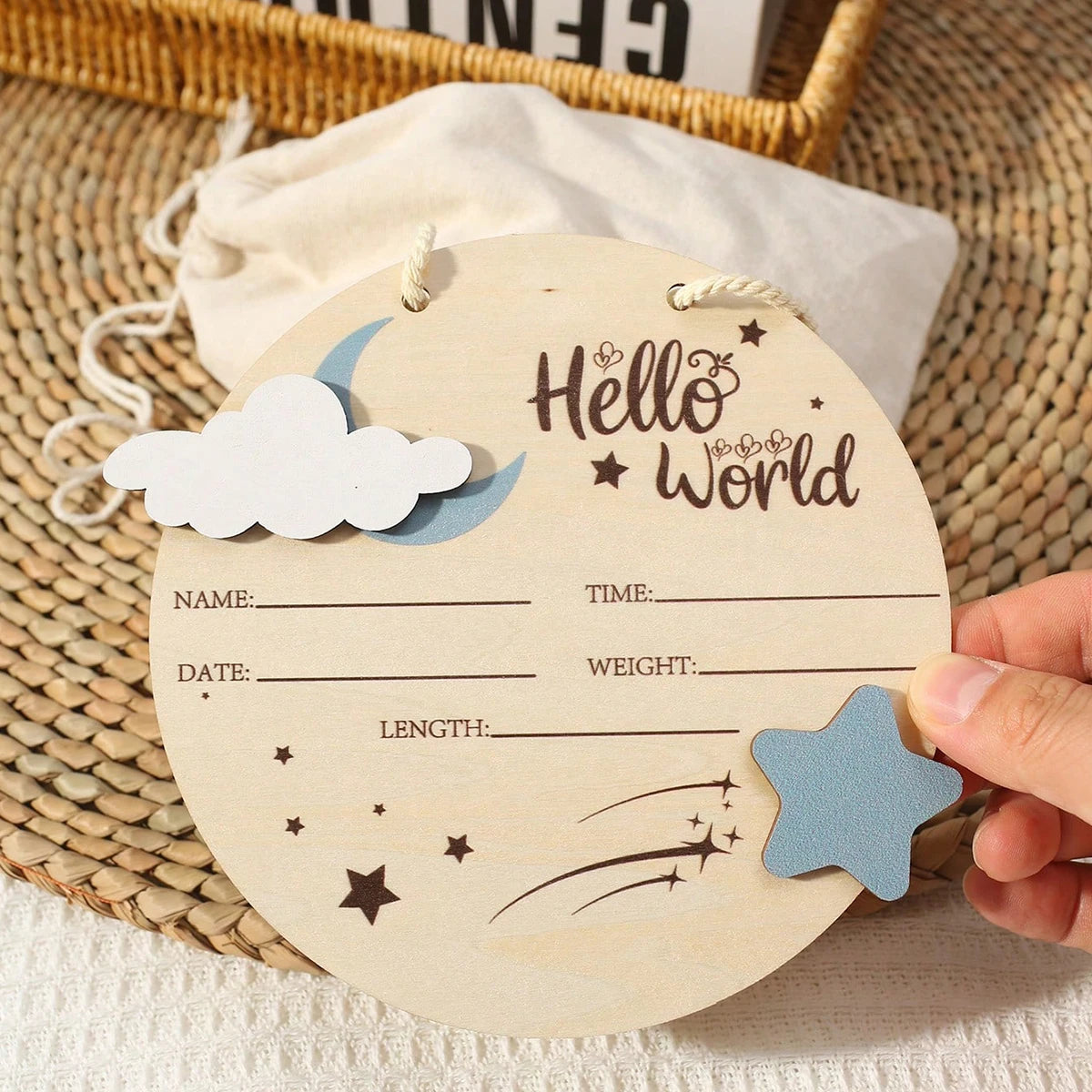 “Hello World” Birth Announcement Plaque — Wooden Baby Name Sign | Newborn Photo Prop | Keepsake Nursery Decor
