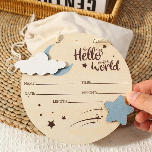 “Hello World” Birth Announcement Plaque — Wooden Baby Name Sign | Newborn Photo Prop | Keepsake Nursery Decor