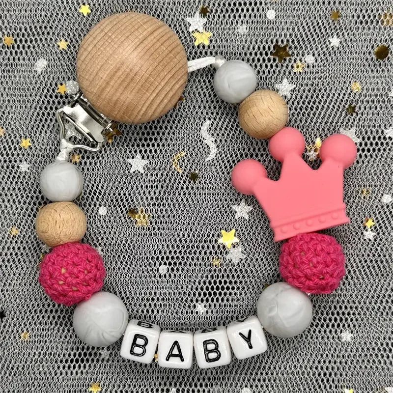 NEW Custom Personalized Name Pacifier Clip Handmade Beech Wooden Chain Silicone Crown Holder Soother Baby Teething Toy Chew Gift