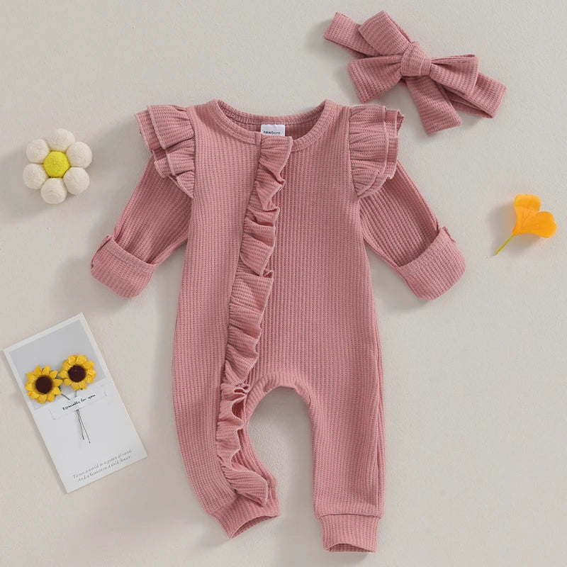 Newborn Infant Girls Solid Color Jumpsuits Baby Long Sleeve Ruffle Zipper Romper with Headband Sets Baby Clothes Spring Fall